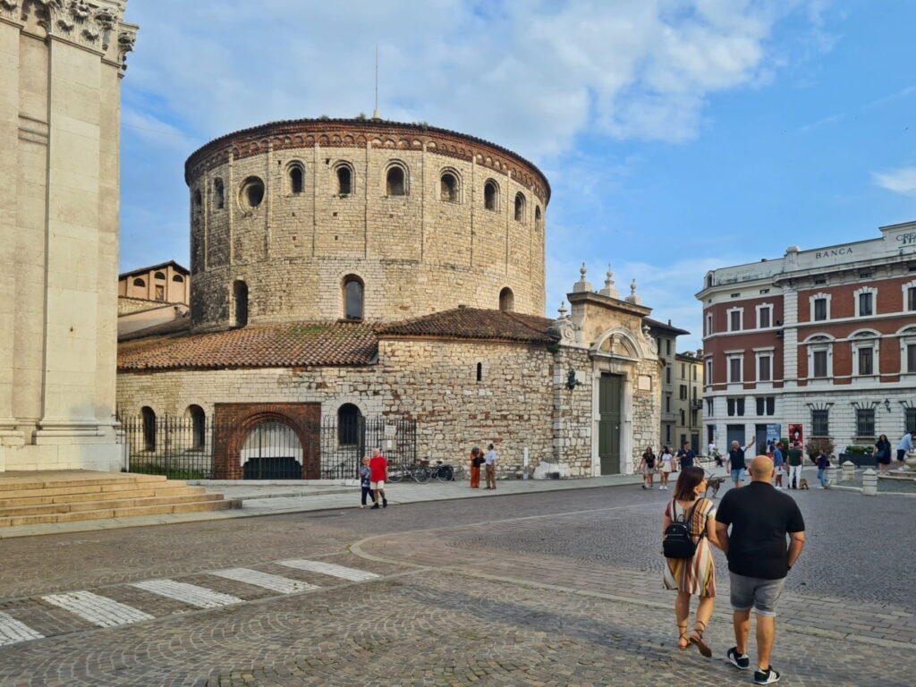 Rotunda of Duomo Vecchio in Brescia, Italy, with Romanesque stone walls in Piazza Paolo VI