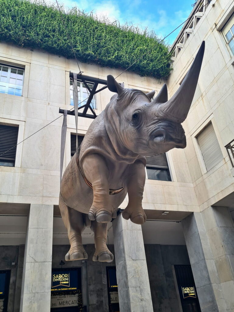 Suspended rhinoceros sculpture in Brescia, Italy, hanging in a courtyard of Piazza della Vittoria