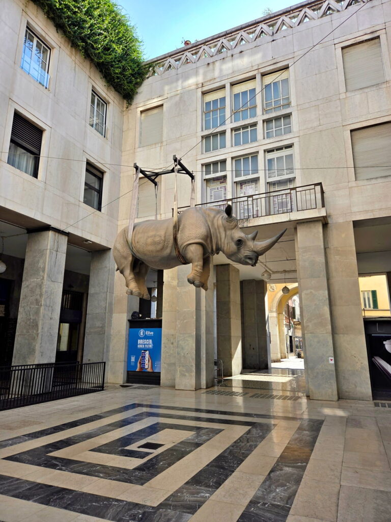 A life-sized rhinoceros sculpture suspended in mid-air by straps in a modern courtyard in Brescia, Italy.